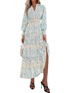 PrettyGarden Women's Blue White Plaid Stylish Neck A Line Flowy Maxi Long Dress